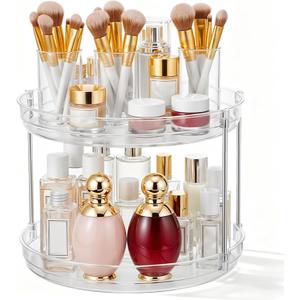 2 Pack Rotating Makeup Organizers,2 Tier Bathroom Counter Makeup Organizer,360 Rotating Vanity Organizer for Lotion, Hair, Beauty Products, Skin Care Holder, and Skincare Organizer Countertop