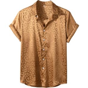Verdusa Men's Satin Button Down Lapel Collar Leopard Print Short Sleeve Shirt (Medium, Brown)