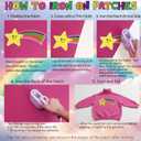 3 x Large Rainbow Shooting Star Patch & Pink Satin Headband - Iron-On Patch, Halloween Costume Accessories Set for Fun Cartoon Cosplay