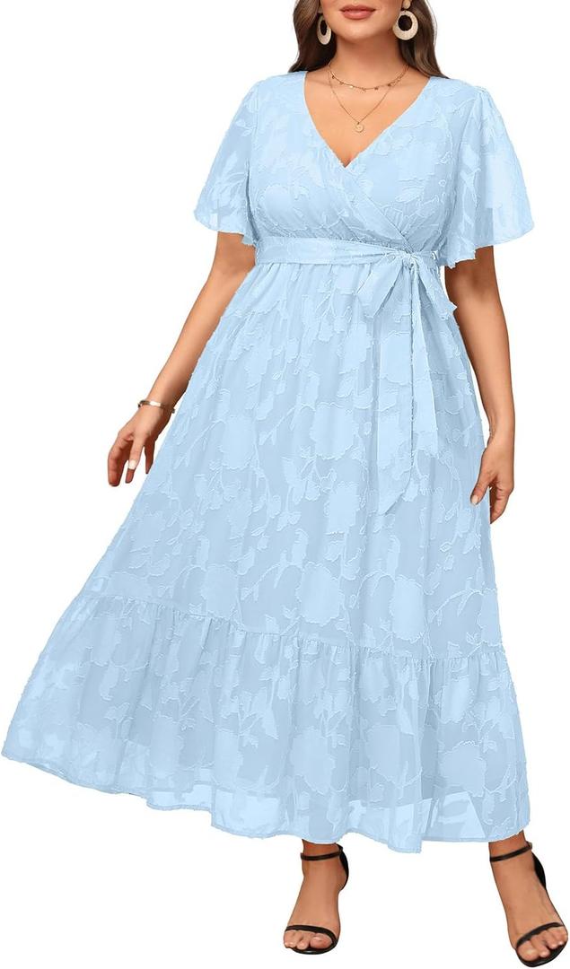 Pinup Fashion Plus Size Dresses for Wedding Guest - 2025 Cocktail Semi Formal Summer Wrap V Neck Maxi Dress (Light Blue) 22W