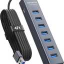 4Ft 7-Port USB 3.0 Hub for Desktop - Aluminium USB Extender Hub 5Gbps, USB Multiport Adapter, USB Splitter, USB Hub Long Cable for Desktop, PC, Flash Drive, Mobile HDD, Windows/XPS, 1.2m