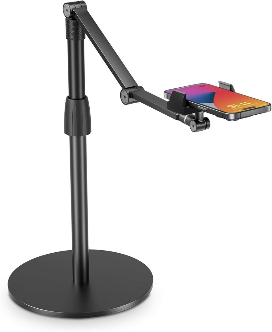 Phone Stand, Adjustable Cell Phone Holder, Multiangle, 3-Part Adjustable, Horizontal Recording Stand, Compatible with 3.5-11" Phone/iPad Mini/iPhone, Black