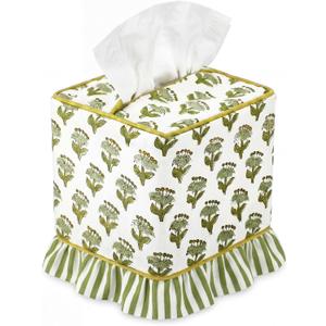 Emerald Green Floral Ruffle Tissue Box Cover Block Printed Cotton Fabric Napkin Holder Square Boho Decorative Box Cover for Bedroom Living Room Bathroom Vanity Countertop Car Office Kitchen