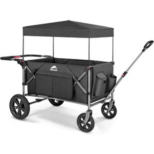 Foldable Wagons for Two Kids & Cargo, with 5-Point Harnesses,Adjustable Push/Pull Handle, Removable Sun Canopy, One-Step Locking Design, Suitable for Family Travel, Two Children Ride, Black