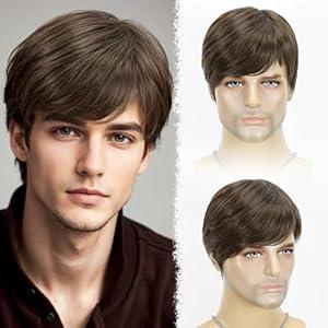 YYHR Mens Short Brown Wig Realistic Natural Male Side Part Wig Synthetic Heat Resistant Natural Halloween Cosplay Hair