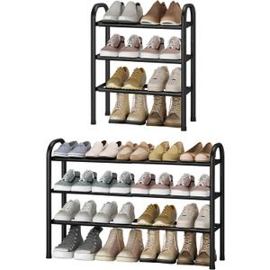 STO STO Expandable Shoe Rack, 3-Tier Metal Small Shoe Rack for Closet, Up to 16 Pairs Adjustable Shoes Racks Storage for Front Door Entrance, Free Standing Shoes Rack Organizer for Entryway, Black
