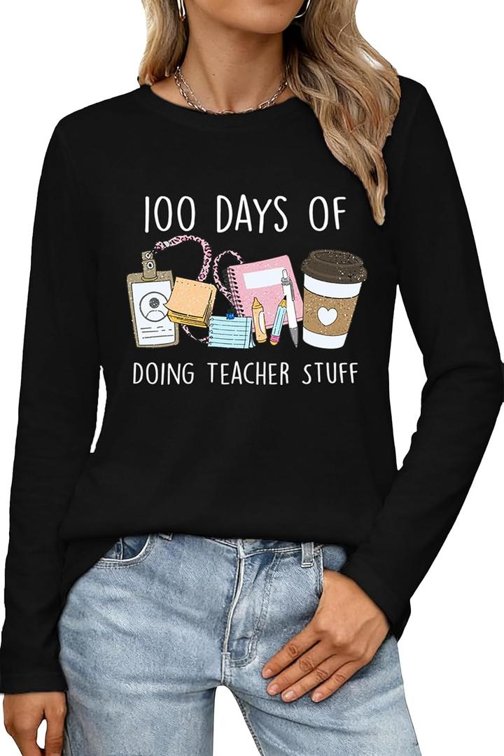 100 Days of School Shirt Teacher School Days Long Sleeve Shirts Funny 100 Days Celebration Tee Tops (Black, L)
