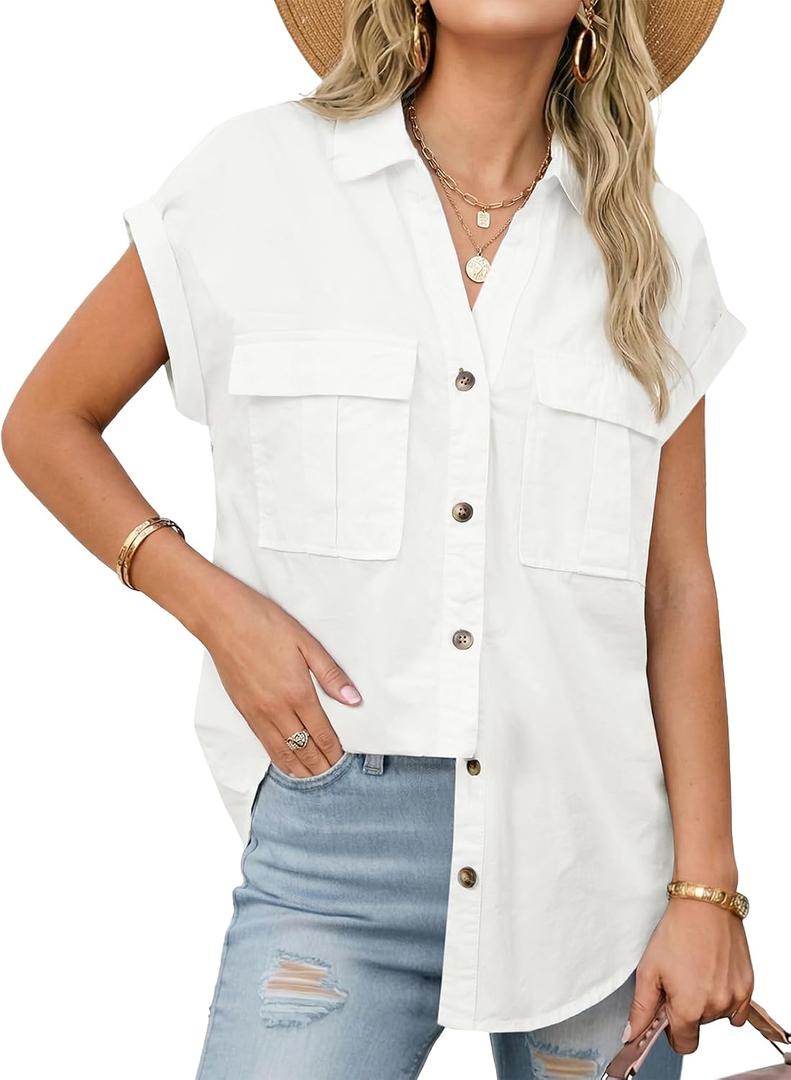 Sidefeel Women's Denim Shirt Button Down V Neck Short Sleeve Jean Shirts Trendy Casual Loose Denim Tops with Oversized Fit (White, S)