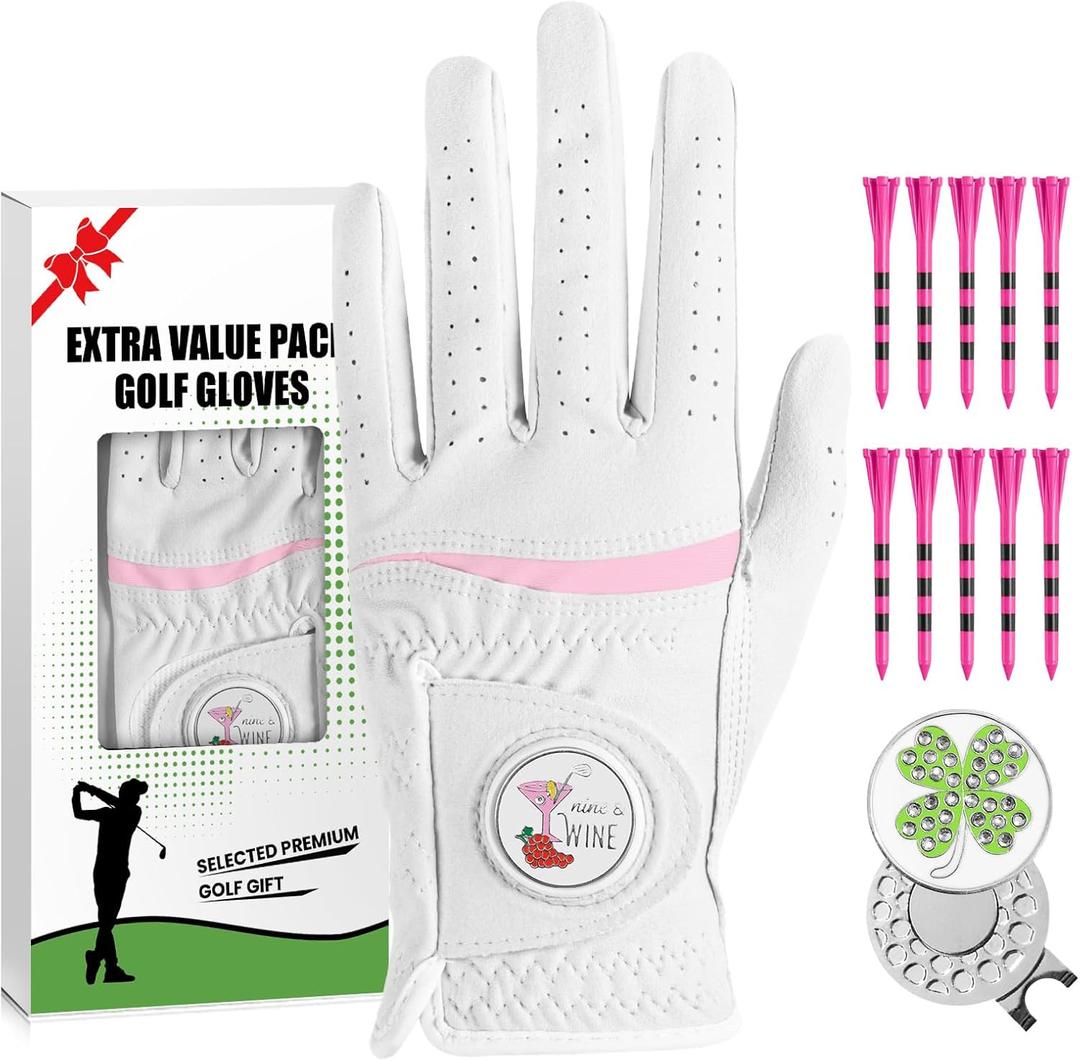 Amy Sport Womens Golf Glove 1 Pack with 2 Ball Marker & 1 Hat Clip & 10 Plastic Tees, Microfiber & Leather All Weather Grip Glove for Left or Right Hand, Soft Comfortable Ladies Gloves