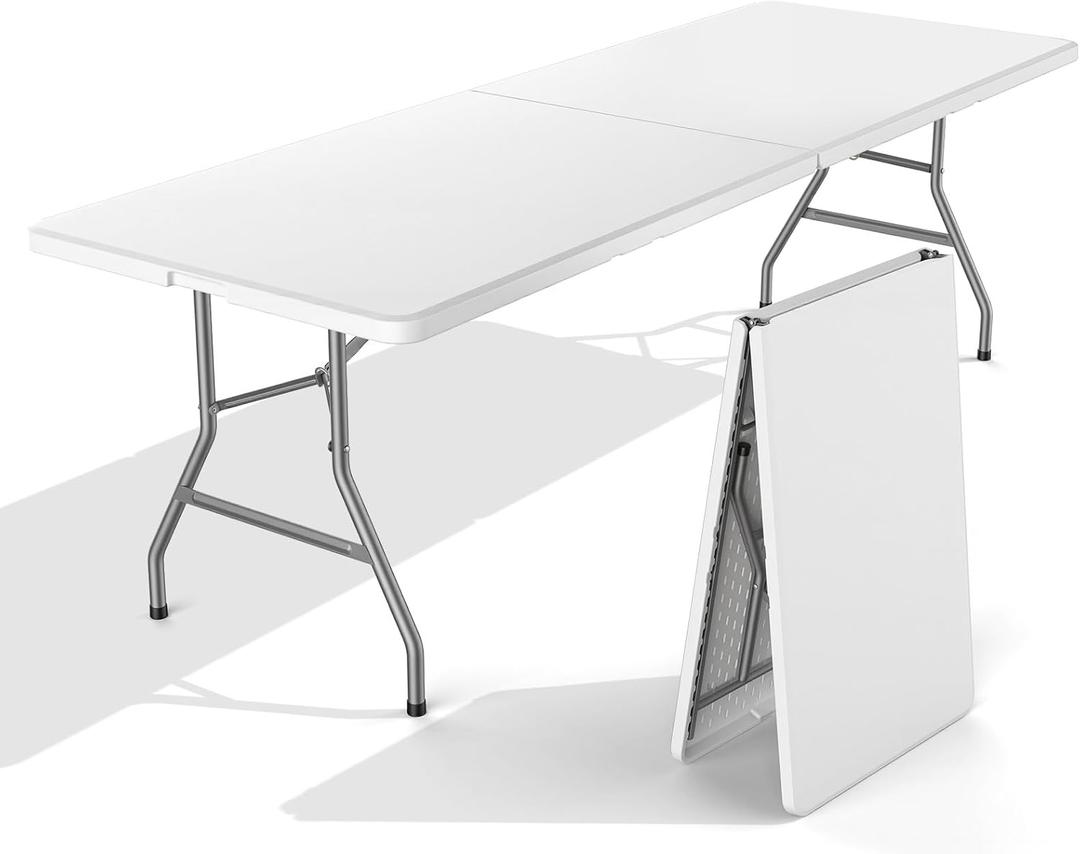 Sweetcrispy 8 FT Folding Picnic Table Easy to Fold and Store, Foldable Table for Camping Picnic Dining Party Kitchen Outdoor Indoor with Carrying Handle