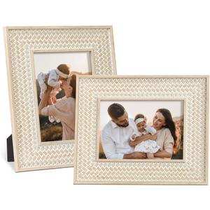 takfot Boho Picture Frames 5x7 Family Picture Frame 2 Pack, Bohemian Rattan Decor Farmhouse Wood Frames for Wall Mount or TableTop Gift for Mom Grandma Women Family