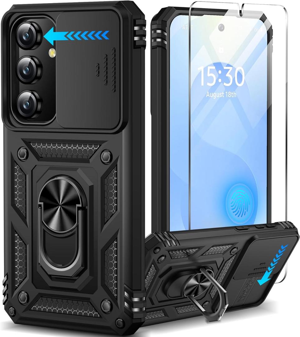Taisairu for Samsung Galaxy S24/Samsung Galaxy S25 Case with Screen Protector & Slide Camera Lens Cover, Built-in Ring Stand Protective Phone Case for Samsung S25 Case/Samsung S24 Case (Black)