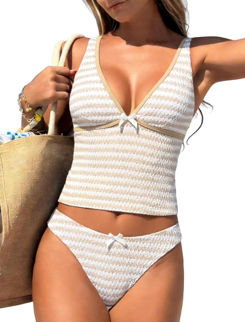 ZAFUL Women's Tankini Swimsuits V Neck Tummy Control Bow Color Block Two Piece Swimsuit Bathing Suit