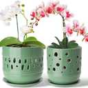 Orchid Pots with Holes, 5+6 Inch Large Orchid Pot with Drainage and Saucers, Ceramic Orchid Planter for Indoor/Outdoor Set of 2 Flower Pots - Pea Green