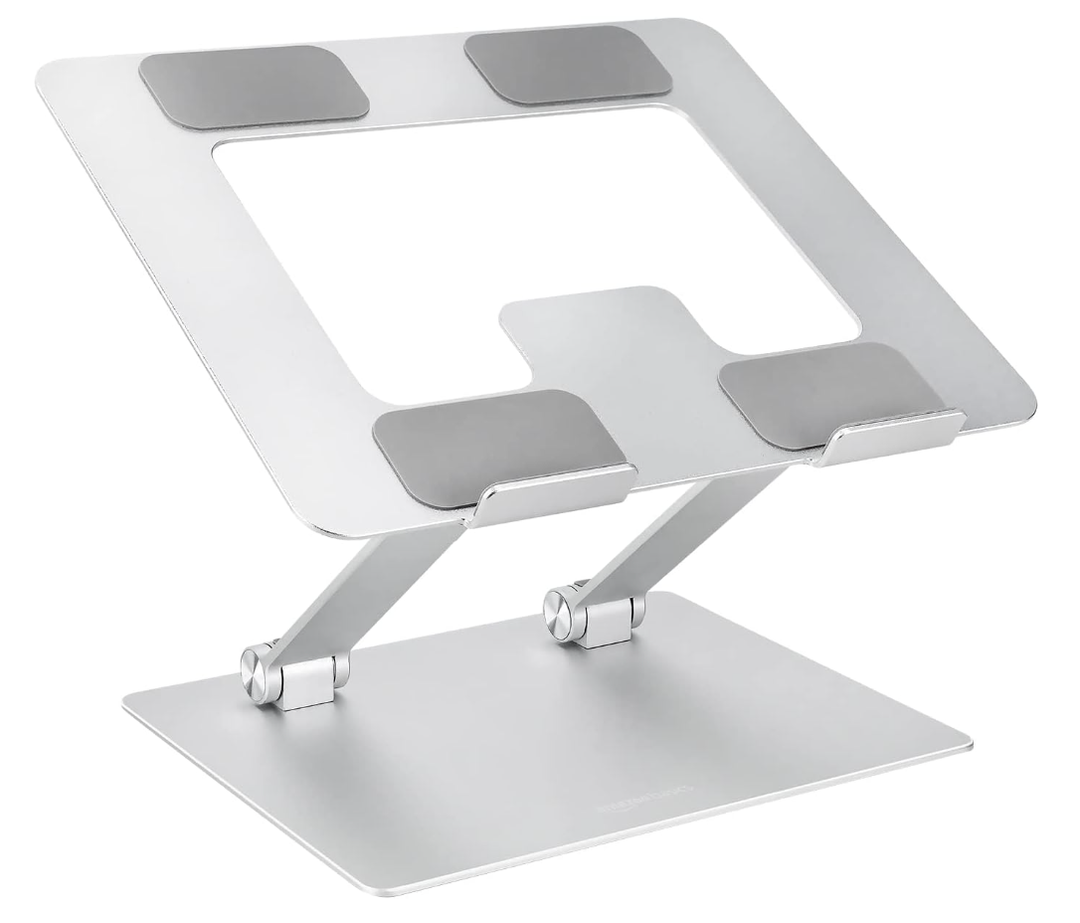 Basics Sturdy and Portable Ergonomic Laptop Stand for Desk, Height Adjustable Riser with Ventilated Cooling, Foldable, Fits all Laptops up to 15.6 Inch, Silver