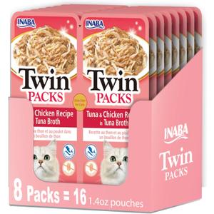 INABA Twin Packs for Cats, Side Dish/Topper Pouch, 1.4 Ounces per Serving, 16 Servings, Tuna & Chicken Recipe in Tuna Broth (EXP 07/04/26)