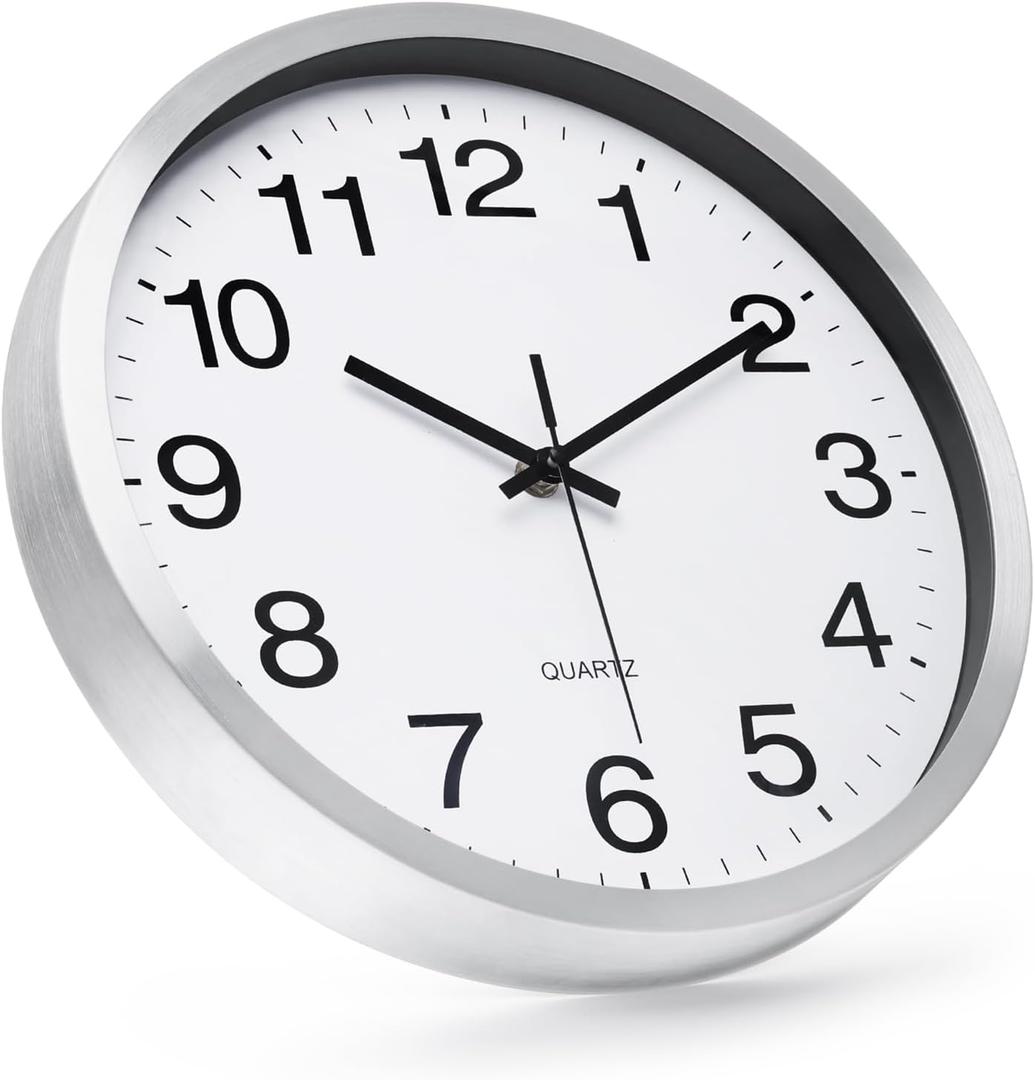Wall Clock 12 Inch Silver Brushed Finish Silent Non Ticking Indoor Clock Round Battery Operated Stainless Steel Wall Clocks for Home, Office, Hotel, Bedroom, Living Room, Kitchen