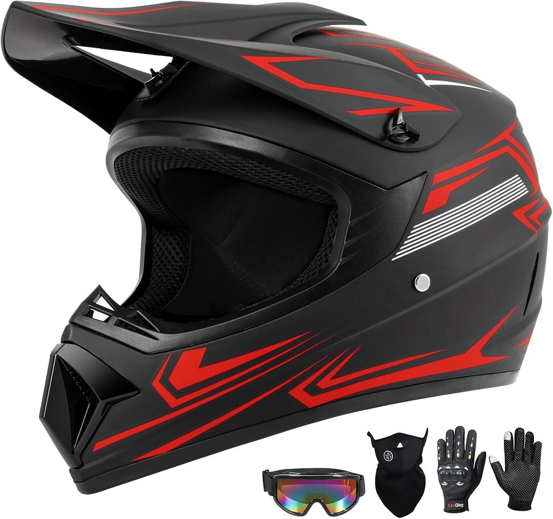 Youth Kids Dirt Bike Motocross Helmet (Goggles Gloves Face Mask) 4PCS Set, DOT Approved Boys Girls Full Face Motorcycle Helmets, ATV BMX MX Mountain Bike Off Road Kid Helmet (Red, L)