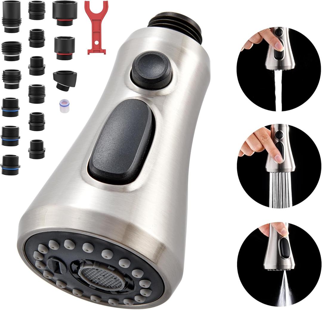 Kitchen Faucet Head Replacement, 3-Function Pull Down Faucet Spray Head with 15 Adapters - Replacement Pull-Out Sink Spout Sprayer Nozzle, Brushed Nickel