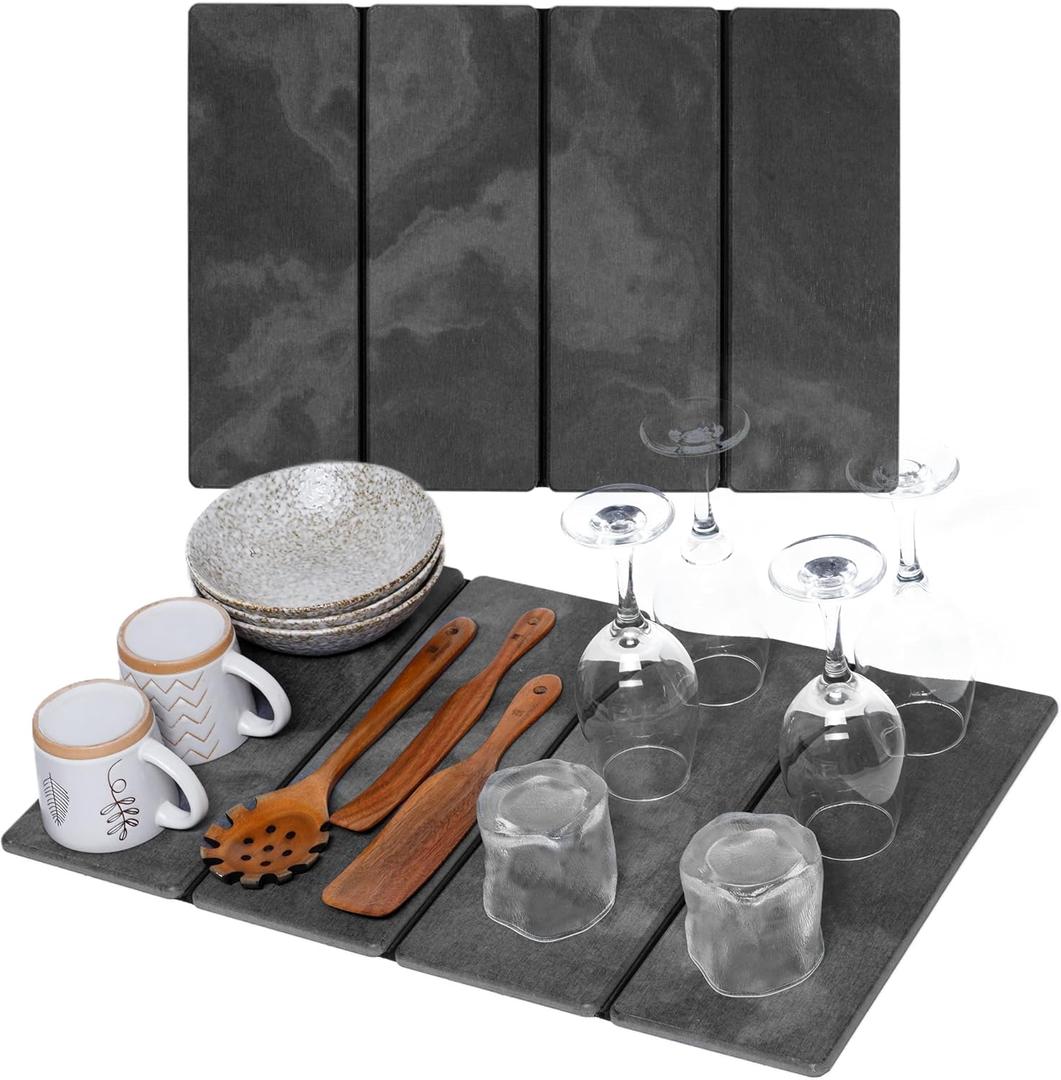 Large Black Stone Dish Drying Mat - Foldable & Water Absorbing Dish Drying Mat with Cleaning Tools, Anti-Slip, Stain Resistant, Easy-Clean, Kitchen Drying Mat and Highly Absorbent Bath Mat 24" x 16"
