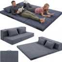 Anevna Tri-Fold Futon Mattress, Foldable Japanese Floor Sleep Mattress, High-Density Foam Tatami Bed Mat with Corduroy Cover, Floor Bed Mat for Couples, Guest Use (Charcoal Gray, Queen)