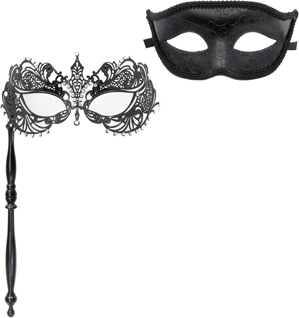 Thmyo Couple Masquerade Masks Set with Holding Stick, Venetian Handheld Party Mask for Women and Men Party Costumes Accessory