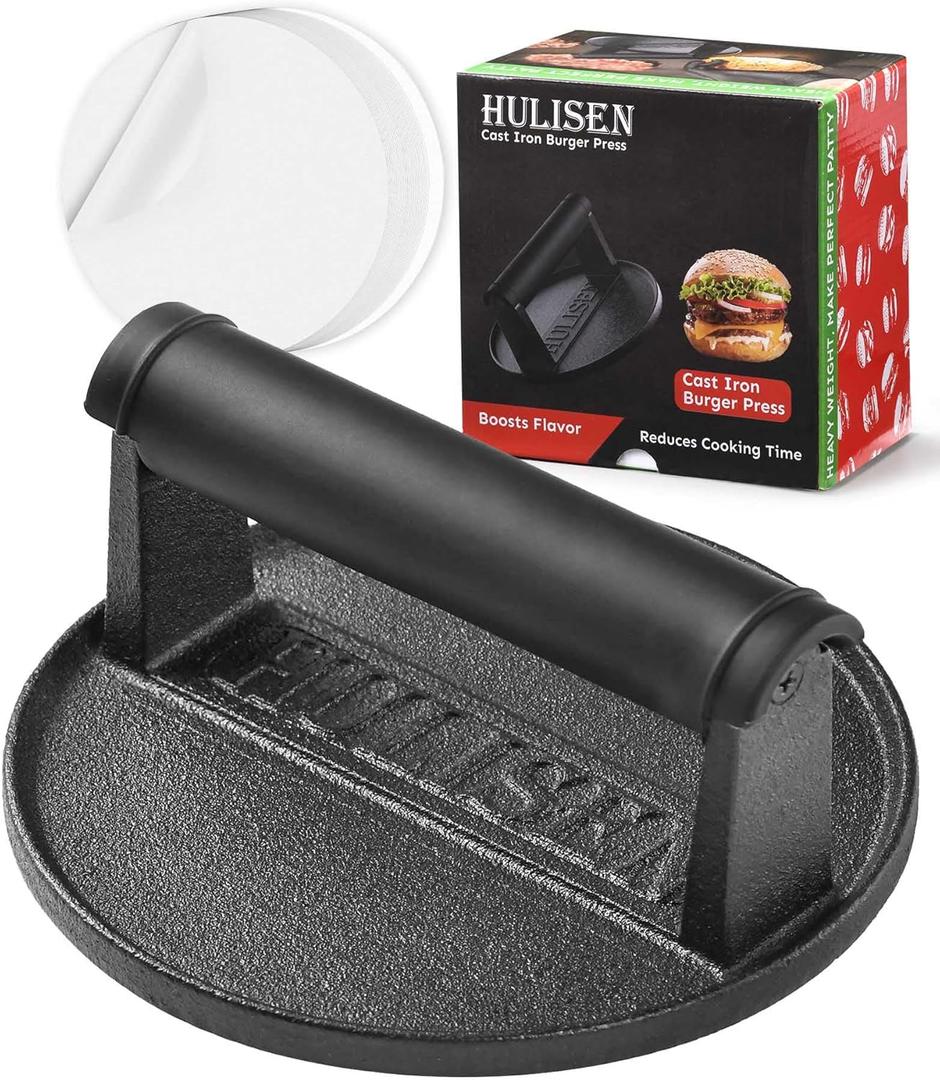 HULISEN Pre-Seasoned Cast Iron Burger Press Includes 100 Pcs Patty Paper, 2.3lb Heavy Duty 6 Burger Smasher for Griddle with Heat Resistant Handle, Grill Press for Hamburger, Bacon, Meat