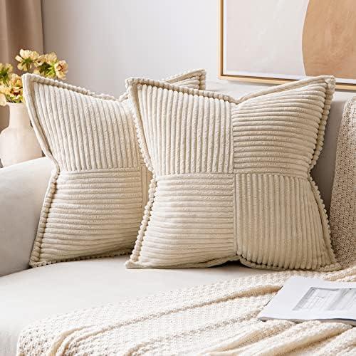 MIULEE Corduroy Decorative Euro Sham Pillow Covers 24x24 Inch with Splicing Set of 2 Super Soft Boho Pillow Covers Broadside Throw Pillows for Couch Livingroom Beige