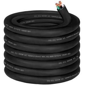 10/ 3 Wire 10 Gauge SOOW Wire 10 AWG 10/ 3 Electric SOOW Portable Power Cable 10 Gauge 3 Conductor Bulk Cable Extension Cord for 30A Generator, Welder, Circuits, Portable Light, Data Centers, Motor Lead-50ft