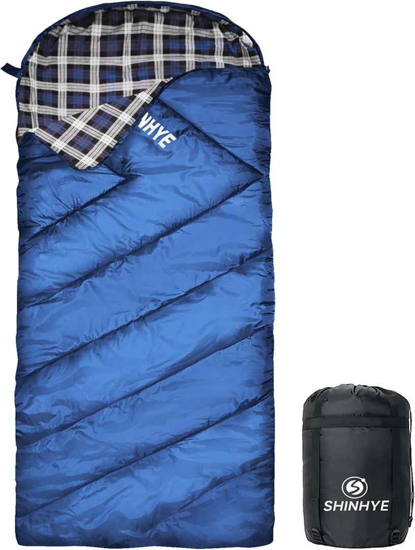 ShinHye 0 Degree Sleeping Bag for Adults - Cotton Flannel 4 Season Cold Weather Winter, XXL Big and Tall Camping Sleeping Bag with Compression Sack (Blue-Right-New)