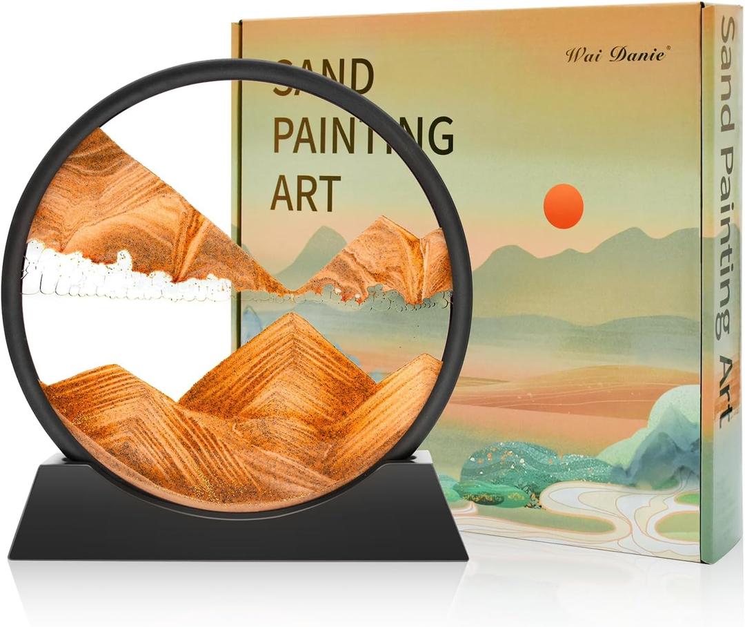 Wai Danie Moving Sand Art Picture 3D Hourglass Deep Sea Sandscape Liquid Motion Display Painting Flowing Sand Frame Relaxing Desktop Home Office Work Decor (Gold, 12 Inches)