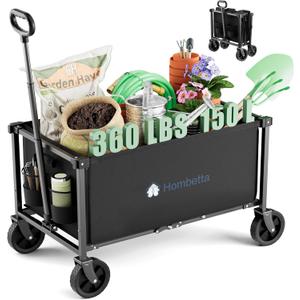Collapsible Wagon Cart with Wheels, 150L Lightweight Foldable Utility Cart, Portable Rolling Wagon for Garden, Shopping, Sports, Camping, Transport, Black