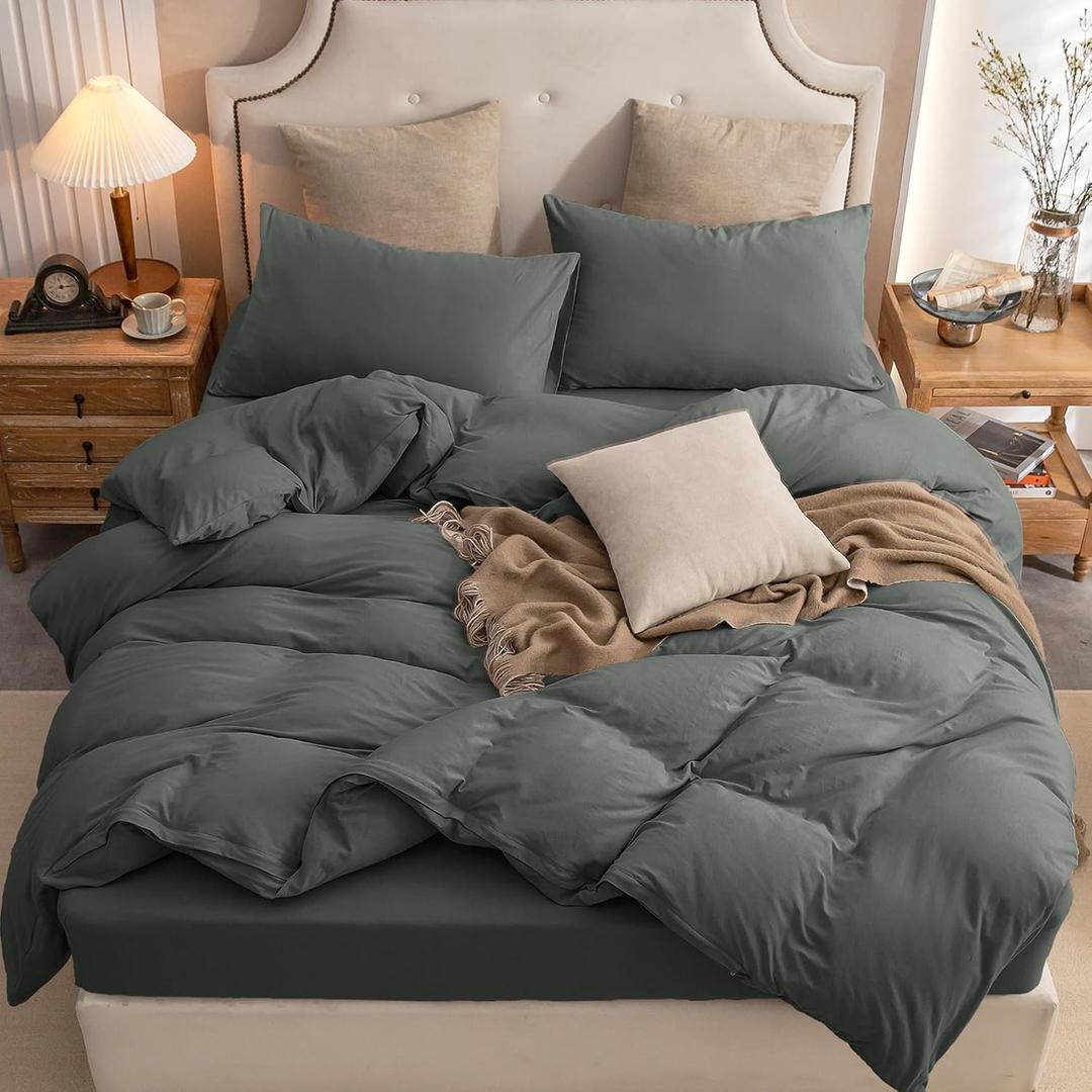 PURE ERA Jersey Knit Duvet Cover Set 100% T-Shirt Cotton Super Soft Comfy 3pc Bedding Set with Zipper Closure (Solid Dark Greenish Gray, Queen)