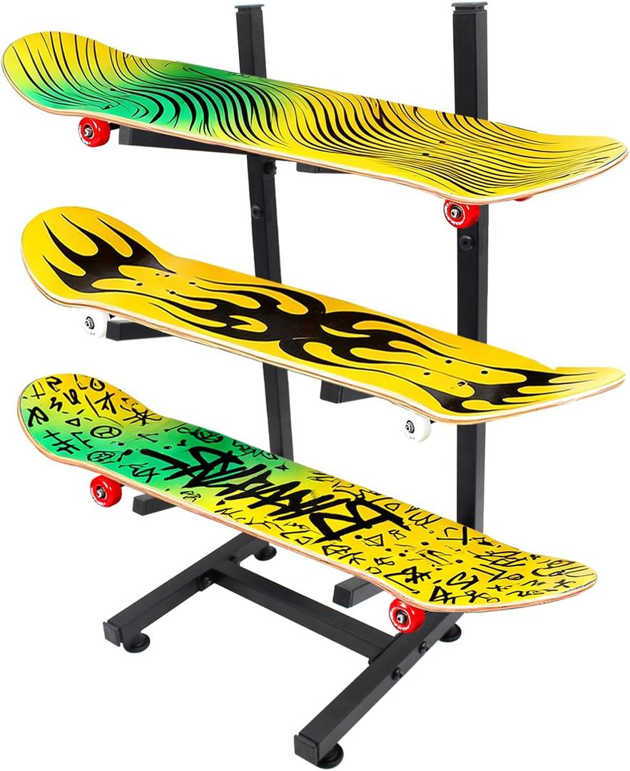 Steel Skateboard Rack Floor Stand, 3-Layer Skateboard Holder,Snowboard Storage Rack, Skateboard Holder Floor for Deck,Longboard,Snowboard, Standard Skateboards, Mini Cruiser Skateboard