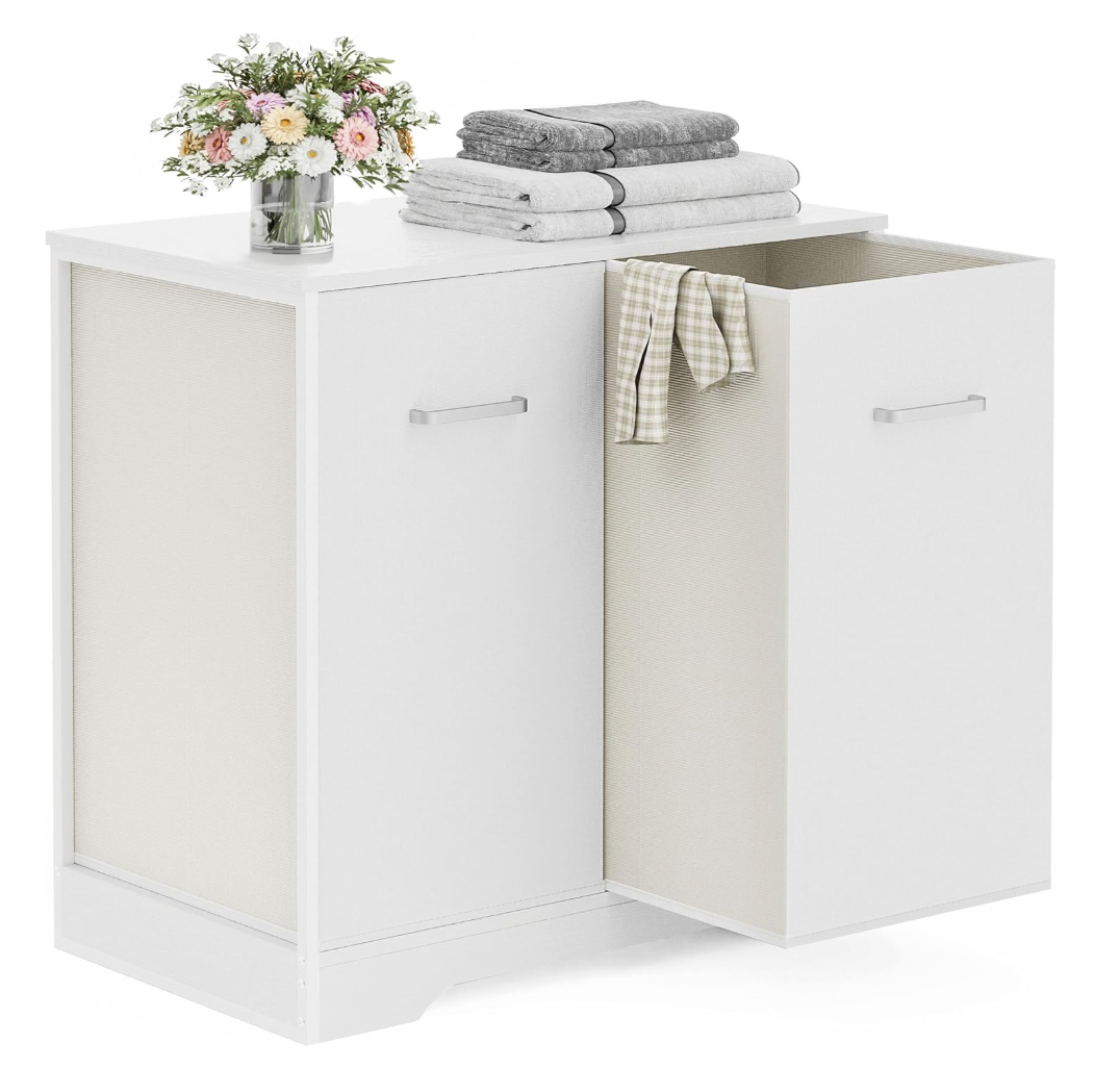Double Pull-Out Laundry Hamper Cabinet; 120L Laundry Basket for Bathroom,Laundry Room; Laundry Sorter with 2 Pull-Out and Removable Bags