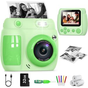Kids Camera Instant Print, Birthday Gifts for Girls Boys with 3 Rolls Print Paper & 32GB Card, 48MP Toddler Digital Camera 1080P HD Video Toys Cameras for Kids 3-12, Green