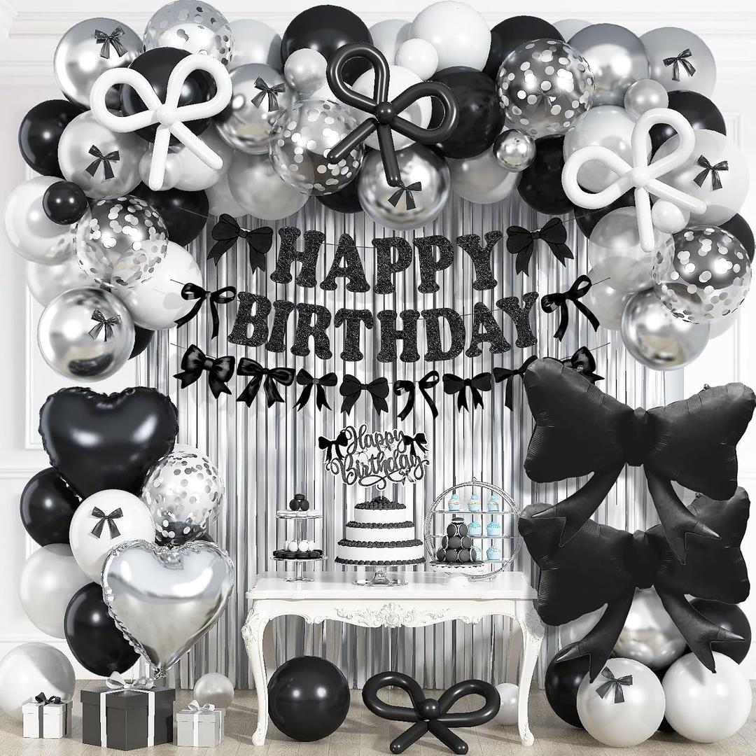Black Bow Birthday Decorations, Coquette Bow Black and White Silver Balloons with Happy Birthday Banner Fringe Curtain Cake Toppers for Women Girls Baby Shower Party Supplies