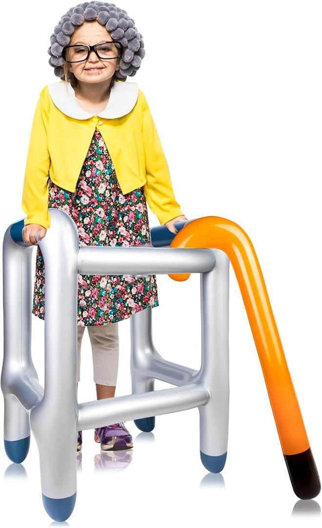 2 Pcs Inflatable Walker and Cane, 100th Day of School for Old Age Costume Prop, Blow Up Walker Cane Funny Gag Gifts for Halloween Christmas Costume