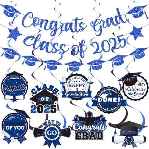Pack of 3 Glitter Blue Congrats Grad Banner Class of 2025 Graduation Banner Class of 2025 Graduation Party Decorations Congrats Decorations 2025 for Grade
