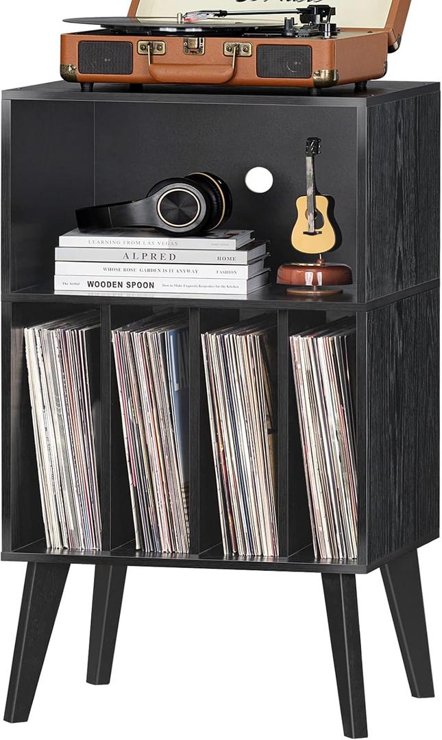 Lerliuo Record Player Stand, Black Turntable Stand Holds up to 160 Albums, Mid-Century Vinyl Storage Cabinet Table with Solid Wood Legs, Record Player Holder Dispaly Shelf for Bedroom Living Room, 18.1 X 15.7 X 34.2