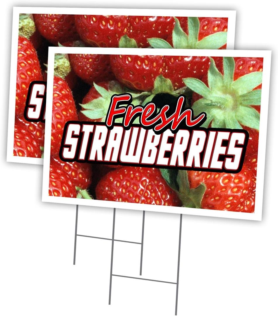 Fresh Strawberries 2 Pack of 18" x 24" Yard Sign & Stake Outdoor Plastic Window | Advertise Your Business | Stake Included Image On Both Sides | Made in The USA