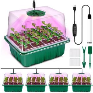 YAUNGEL Seed Starter Tray with Grow Light, 4 Pack Seed Starter Kit with Timing Controller Adjustable Brightness, Thicken Seedling Starter Trays with Humidity Domes Heightened Lids, Gift Box (Green)