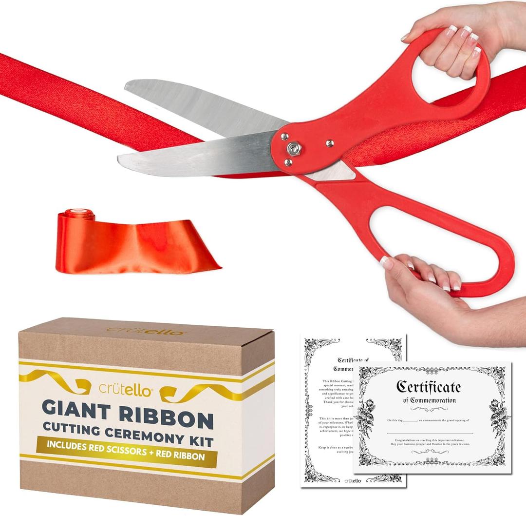 Crutello Giant Ribbon Cutting Ceremony Kit 20"Giant Scissor Set with Sharp, Red Handled Durable XL Scissors, and 30 Feet of Oversized 4"Wide Red Ribbon
