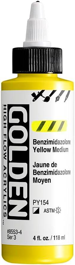 High Flow Acrylics by GOLDEN, Benzimidazolone Yellow Medium, 4 fl. oz. Bottle, Professional Acrylic Paint, Semi-Opaque