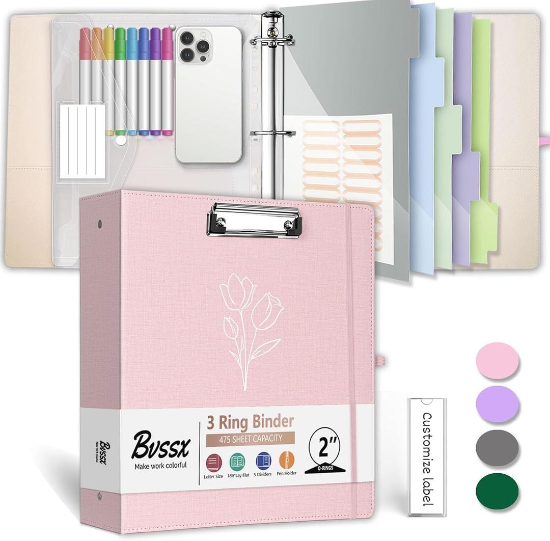 3 Ring Binder, 2 Inch Linen Binders Organizer for Letter Size (8.5" x 11") Paper with 5-Tabs Pockets Dividers, BVSSX Leather Three Ring Binders with Clipboard, Plastic Folder, Pen Loop - Pink Tulips