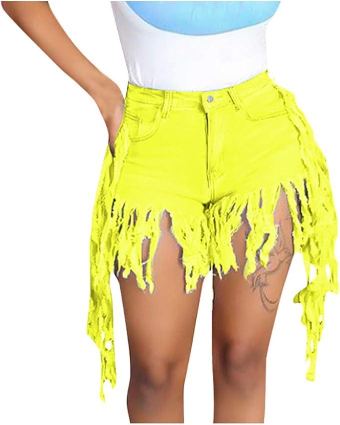 Women's Denim Shorts High Waisted Summer Trendy Stretchy Tassels Frayed Raw Hem Short Jeans Clubwear Sexy Hot Shorts, Medium 