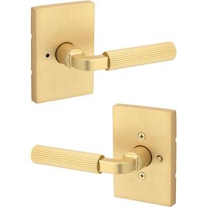 Kwikset Mirada Reeded Interior Privacy Door Handle with Lock, Handle for Bathroom and Bedroom, Satin Brass, Reversible Keyless Push Button Lock, with Microban Protection (Rectangle)