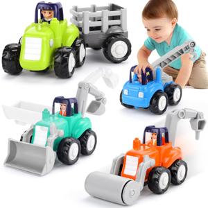Toy Cars for 1 Year Old Boy, Inertia Toy Trucks, Early Educational Boy Toys Baby Toys 12-18 Months, Push and Go Cars Gifts for 1 Year Old Boys, Construction Vehicles Toddler Toys 4PCS