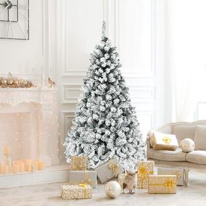 6 FT Pre-Lit Christmas Tree, Snow Flocked Hinged Xmas Tree with 600 Branches Tips & 250 LED Lights, Metal Stand, Artificial Pine Lighted Holiday Tree for Home Office Decorations