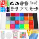 Professional Face Painting Kit, 26 Colors Oil Palette Face Paint with 6 Stencils, 41 Stencil Stickers, 10 Brushes, 9 Body Glitter, 2 Sheets Adhesive Gems, Rainbow Facepaint for Kids Party & Halloween